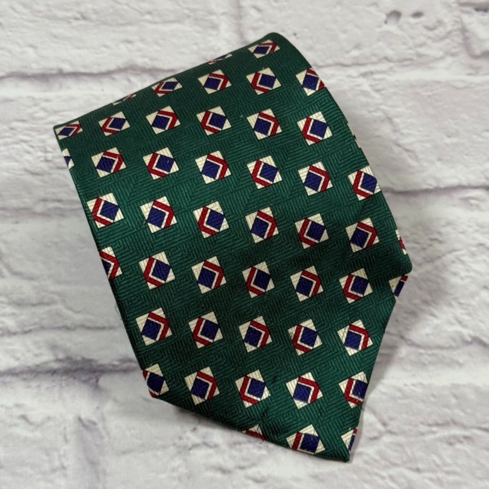 VIntage 1990s Polo Ralph Lauren Silk Tie Made in USA Green Medallion Geometric‎